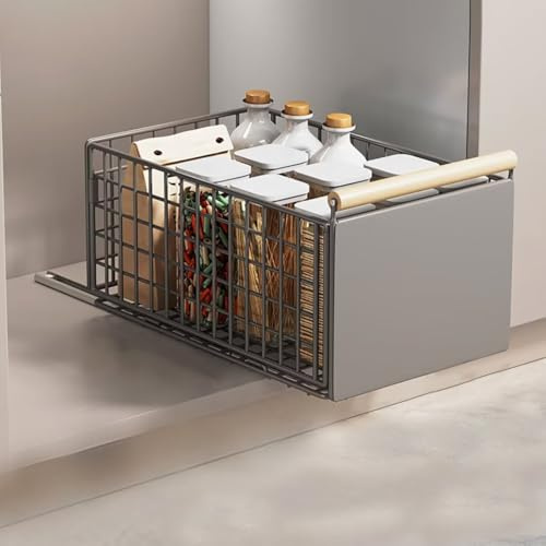 Pull Out Cabinet Organiser, pull out kitchen storage Foldable, 23.5*19.5*39.5~56.5cm, Kitchen Cupboard Organiser with Handle, No Drill Adjustable Drawers, Slide Out Drawers for Kitchen Cabinets ,grey