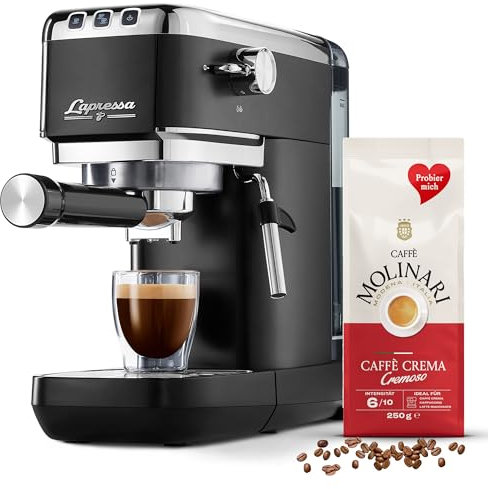 Tchibo Siebträger Espressomaschine „Lapressa“ (15 bar, 980ml Wassertank), Pre-Infusion Technologie, 2-Tassen-Funktion und Milchschaumdüse (Schwarz) INKLUSIVE Caffè Molinari Kaffeeprobierpack GRATIS