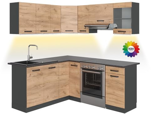 Vicco Cucina angolare completa Rick, Quercia dorata/antracite, 187 x 60 cm, PL Fantasia nera con striscia LED