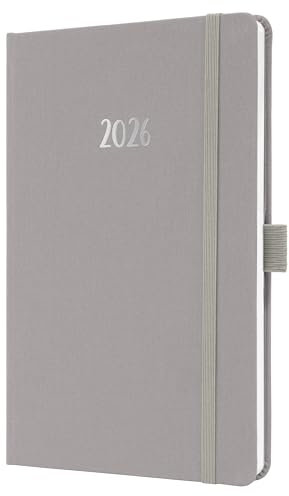 SIGEL J6403 Wochenkalender 2026 A5 grau, Hardcover mit Textileinband, Gummiband, Stiftschlaufe, Einstecktasche, 174 Seiten, vegan, Buchkalender, Terminplaner Taschenkalender Jolie