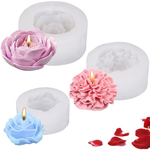 RNHDLY 3 Stück Kerzenformen zum Gießen Rosen Nelke Pfingstrose Silikonform Kerzen Blumen, 3D Kerzen Formen Silikon Blumen, Kerzenform Silikon für Duftkerzen, Ornamente, Geschenke