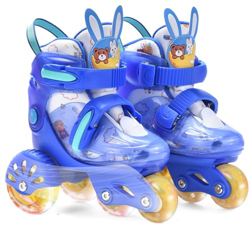 ERNAN Roller Enfant Filles et Garçons,Patin a Roulette Enfant 4 Taille Réglable, Roller Quad avec 8 Roues Lumineuses. Patins à roulettes pour Enfants pour débutants (Blue, XS)