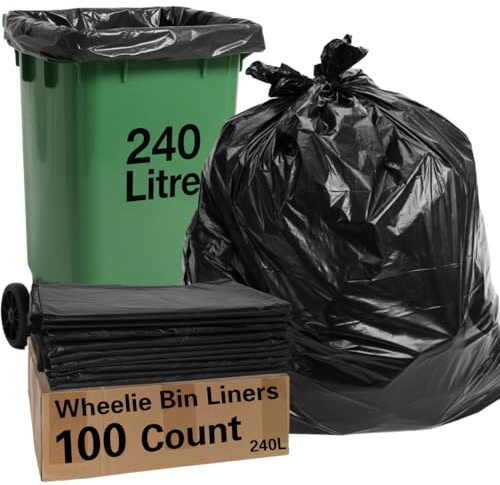 100 Pack Wheelie Bin Liners 240l Capacity - Wheelie Bin Bags For Gardens, And Outside Bins,47 Inch Wide x 55 Inch Long, Balck Heavy Duty Bin Bags