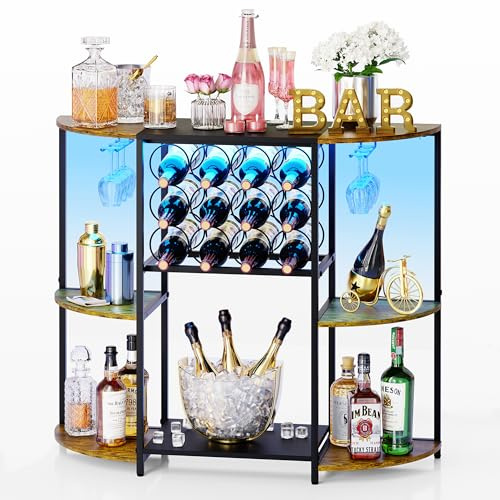 JKsmart Wine Bar Cart with LED Lights, Mini Wine Rack with Storage and Glass Holder, Small Home Bar Cart for Liquor, 3-Tier Bar Table for Kitchen, Dining Room, Living Room, Rustic Brown