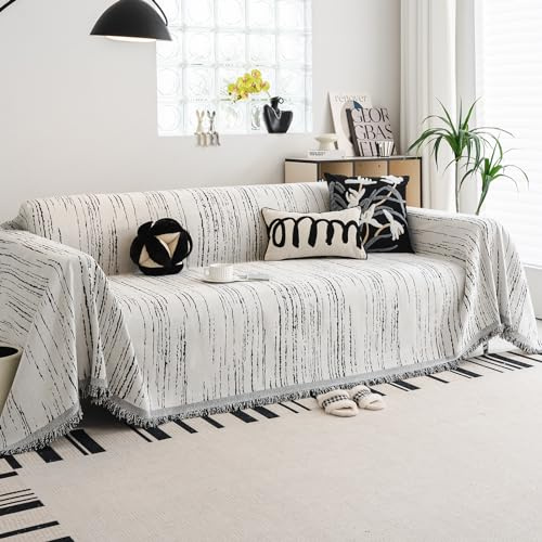 WEYOND Chenille Sofa Überzug, Sofabezug, Sofa Cover, 180 x 300 cm, Weiß | Chenille Couch Überwurf, Waschbar Sofa Überwurfdecke, Sofaschoner Hund & Sofaschutz Katze, Sofahusse mit Quasten