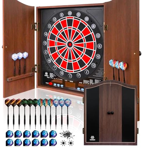 WIN.MAX Dianas Electrónicas de Dardos, Decorativo Diana Dardos Gabinete Set Ofrece 34 Juegos para hasta 8 Jugadores Incluyendo 12 Flechas de Punta Suave (Negro, Tamaño Convencional)