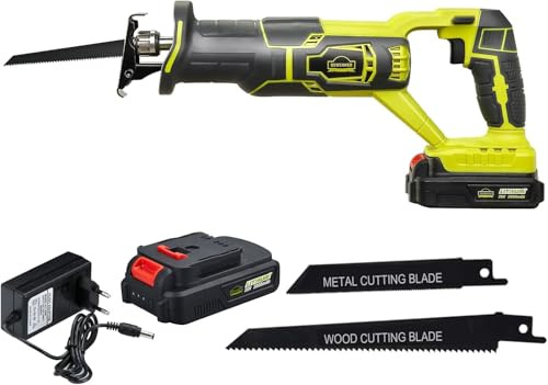 DEWINNER Scie Sabre Sans Fil, 20V 2.0Ah Scie Compacte Avec Batterie Li-Ion et Chargeur, 2 Lames de Scie, Vitesse Variable, Changement de Lame Sans Outil