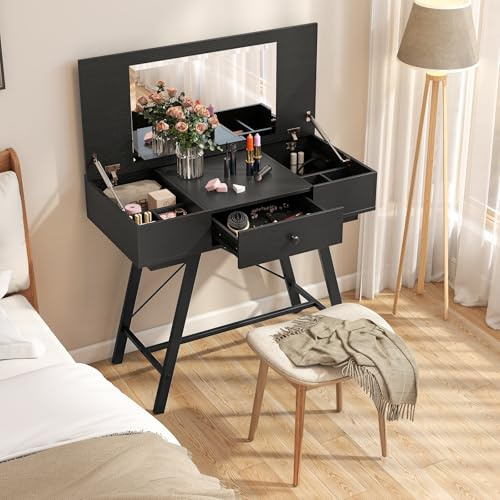 COSTWAY Schminktisch mit großem Spiegel, Ladestation, 6 Aufbewahrungsfächern, Klappdeckel und Schublade, Kosmetiktisch rustikal, Schreibtisch für Schlafzimmer, Ankleidezimmer (Schwarz)