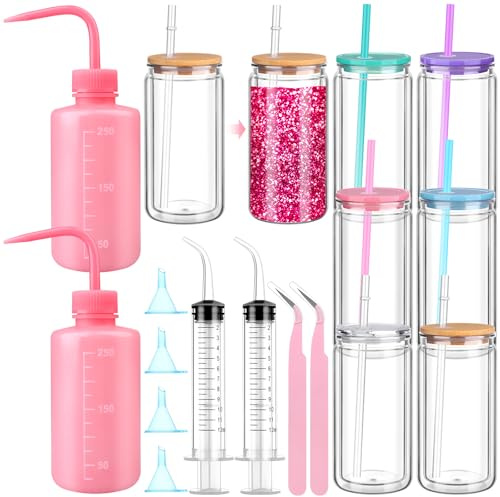 ULELE 16 Pcs Snow Globe Tumbler Supplies Including 16 oz Plastic Snowglobe Cups with Lids and Straws Squeeze Bottle Bent Spout Syringe Tweezers Funnels for Glitter Snow Globe DIY Craft Gifts