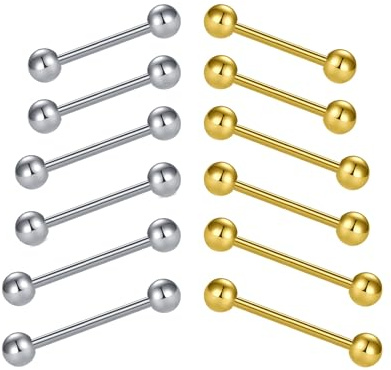 MODRSA Barra per Lingua 14G Filettatura Esterna Acciaio Chirurgico Oro 14mm Barbell Piercing per Capezzoli