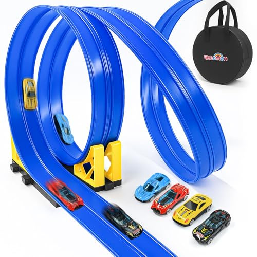 Dreamon Car Track 5M Flexible Race Track for Toy Cars with 4 Plastic Cars 2 Ramps 1 Storage Bag 4 Suction Cups Christmas Birthday Gifts for 3 4 5 6 7 8 Years Old Boys Girls Kids