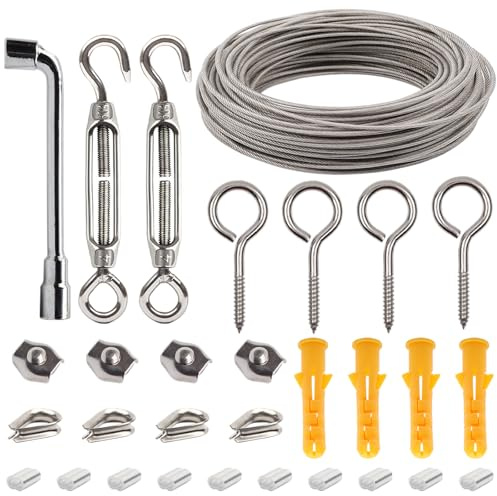 AMZSKU 15 m 2 mm vajer rostfritt stål, 304 rostfritt stål vajer spänntråd, stålvajer spaljé set, stålvajer hölje med öljetter spänningslås för String Light Suspension tvättlina gardinrep