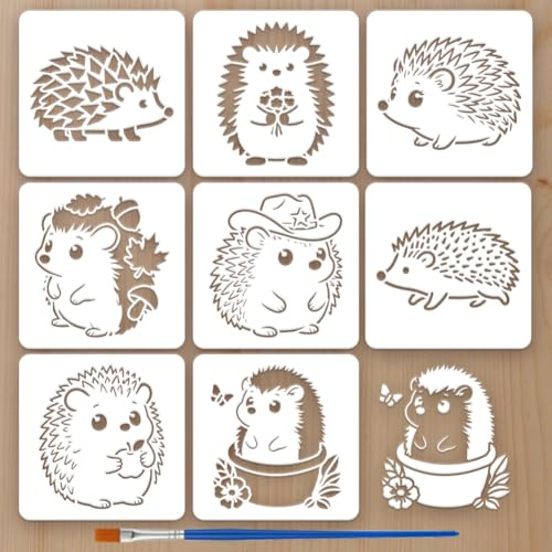 FINGERINSPIRE 8 Styles Cartoon Igel Schablonen Mit Pinsel 15x15cm Wiederverwendbare Igel Malschablonen Aus PET Kunststoff Mit Tiermotiven Für Holzböden Fliesen Wände Stoffe
