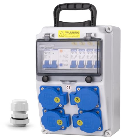CHENGPI Baustromverteiler,Stromverteiler mit FI Schalter 2P+N 80A, Wandverteiler mit 4 AC Schuko Stecker 250V/16A,Aufputz Verteiler für Bauwesen,Industriell,Draußen