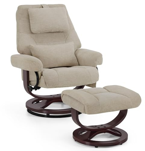 M MCombo Relaxsessel mit Liegefunktion, Lesesessel, 360° Drehbarer Fernsehsessel mit Hocker, mit Verstellbares Kopfkissen, Lendenkissen & Seitentasche, TV-Sessel für Wohnzimmer, 9046 (Beige-Stoff)