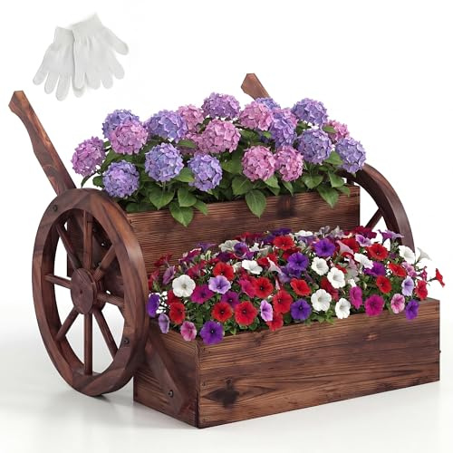 HOMASIS Jardinera de Madera Tipo Carretilla con Ruedas, Drenaje y Guantes, bancal Elevado marrón para jardín, balcón o terraza (39 x 17.5 x 13)