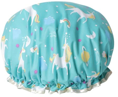 GLEAVI Double Layer Shower Cap Bath Hat Waterproof PE Material Blue Unicorn Design Suitable for Kitchen Cooking and Face Cleaning