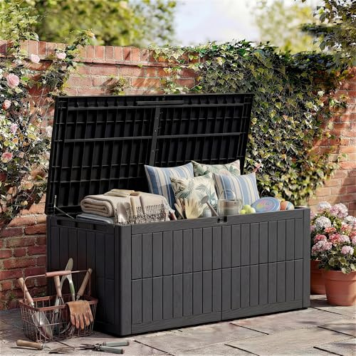 Amopatio 680L Large Garden Storage Box - Wood Effect Outdoor Deck Box & Storage Chest - Heavy Duty Weatherproof Plastic with Lockable Lid & Carry Handles - For Patio Cushions, Tools & Toys, Black