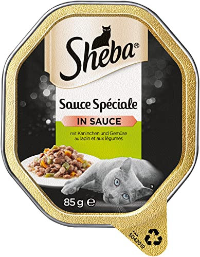 Sheba Sauce Spéciale – Edles Nassfutter mit Kaninchen und Gemüse für ausgewachsene Katzen – 22 x 85g Katzennahrung in der Schale