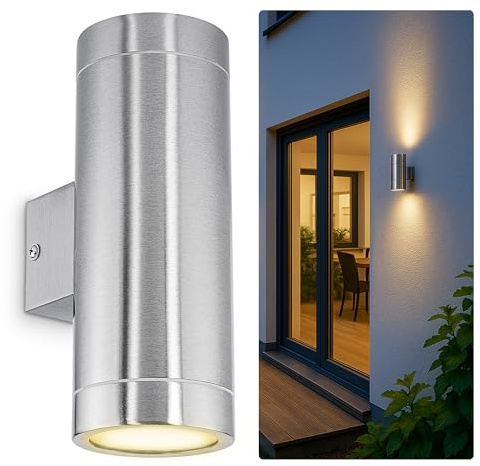 SSC-LUXon TIRA Außenwandleuchte Up & Down Edelstahl IP44 GU10 5W warmweiß | Runde Edelstahl-Fassadenleuchte mit Up-Down-Licht für Hauswand & Terrasse - inkl. 2x GU10 LED warmweiß, Höhe 210mm