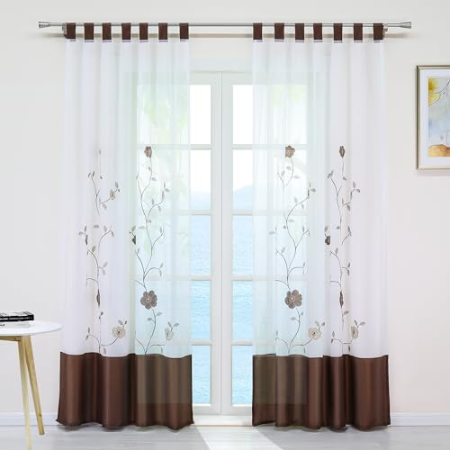 ESLIR Gardinen mit Schlaufen Vorhänge Transparent Gardinenschals mit Blumen Stickrei Schlaufenschal Voile Braun BxH 140x225cm 1 Stück