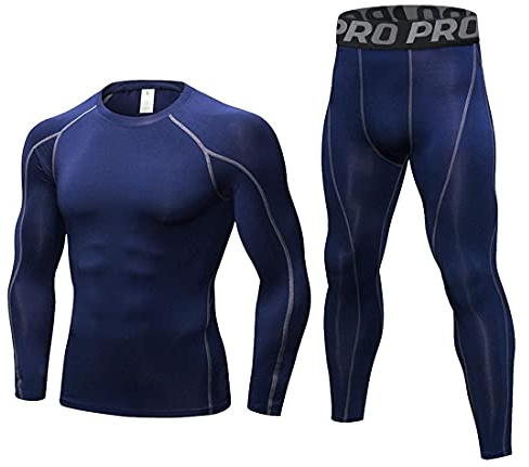 LANBAOSI Men's Gym Running Base Layer Top and Leggings Set Long Sleeve Compression Shirt Tights Thermal Underwear Suit, Navy Blue, S