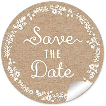 24 STICKER Save the Date Etiketten als Erinnerer in Natur Kraftpapier Look mit weißer Blütenranke als Siegel für Briefumschläge Anhänger oder Briefe zur Hochzeit Geburtstag Taufe, 4 cm, matt