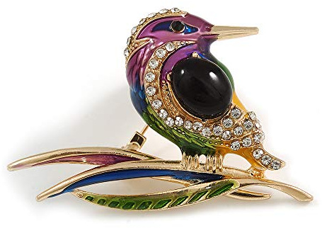 Broche oiseau en émail multicolore en métal doré – 45 mm de diamètre, taille unique, émail, diamante