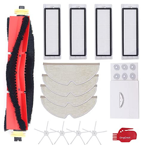 DingGreat Ersatz Zubehör für Xiaomi Roborock S6 S5 MAX S60 S65 S5 S50 S51 S55 Staubsauger Zubehör, 1 Rollenbürste, 4 Filter, 4 Wischtücher, 4 Seitenbürsten, 12 Wasserkern,1Reinigungsbürste