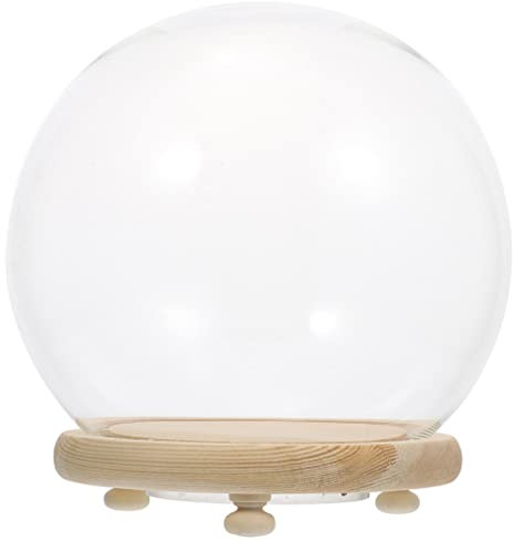 HOMSFOU 10cm Glass Dome Cloche with LED Lights and Rustic Wood Base Glass Display Bell Jar for Display Dome Lamp Succulents Plant Terrarium Keepsakes Decorative Fill Wedding Bouquets Clear