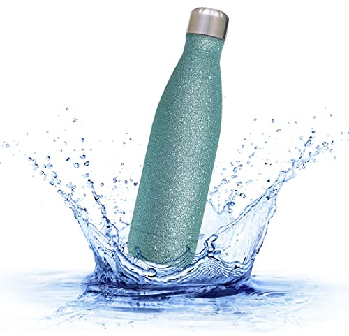 Sprengers – Trinkflasche aus Edelstahl – auslaufsichere & thermoisolierte Wasserflasche hält Getränke bis zu 18 Stunden warm oder kalt (Türkis Glitzer, 0,5 l)