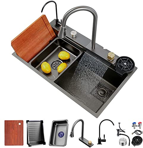 Küchenspüle Fliegende Regenspüle Haushaltsspüle, Geschirrspülbecken Einzelspüle Arbeitsplatzspüle Mit ausziehbarem Wasserhahn, Schneidebrett, Tassenwaschmaschine ( Color : Gun grey , S : 68*45*20cm )