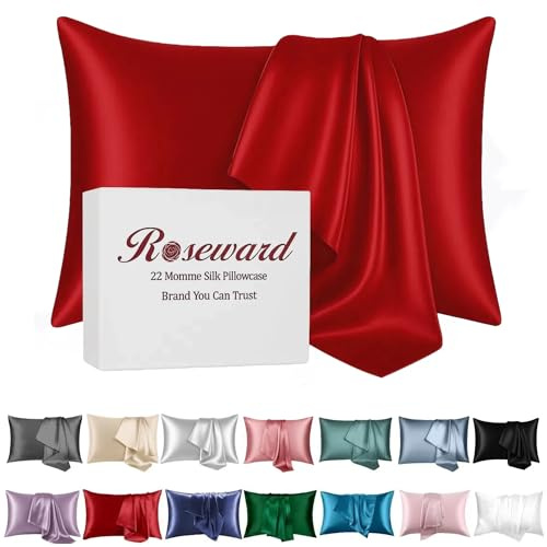 Red Silk Pillowcase for Hair and Skin Made in USA, 22 Momme Mulberry Silk Pillow Case with Zipper, 6A Grade Organic Fabric, Cooling, Anti Acne, Soft, 1 Pc 20x30 (Queen, Red)