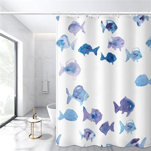 Syiboo Duschvorhang Weißer Fisch 90x90cm Duschvorhäng Anti Schimmel,Wasserabweisend Stoff Duschrollo Waschbar,3D Draussen Bad Vorhang Schnell Trocknend,Badewanne Badezimmer Decor Vorhänge