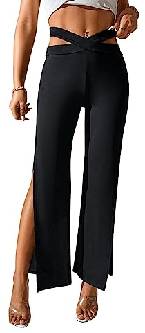 GORGLITTER Damen Sexy Hose Mit Schlitz, Cut Out, Ausschnitt - Hohe Taille Mit V-Bund, Schwarz M