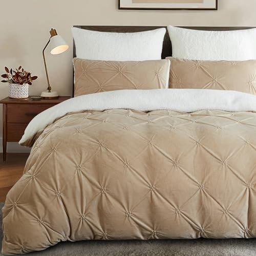 Lanqinglv Flanell Fleece Bettwäsche 135x200 Beige Khaki Teddy Biber Winterbettwäsche Plüsch Cashmere Touch Flauschig Sherpa Pintuck Bettbezug mit Reißverschluss und 1 Kissenbezug 80x80cm