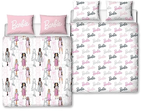 Character World Barbie - Juego de Funda de edredón Oficial para Cama Doble Infantil, diseño de Figuras, Ropa de Cama Reversible de 2 Caras, Incluye Fundas de Almohada a Juego, Funda de edredón Doble