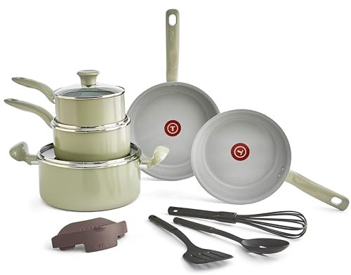T-fal Juego de utensilios de cocina antiadherentes de cerámica reciclada, 12 piezas, apto para horno 350 F, ollas y sartenes, sartén, herramientas de cocina, verde