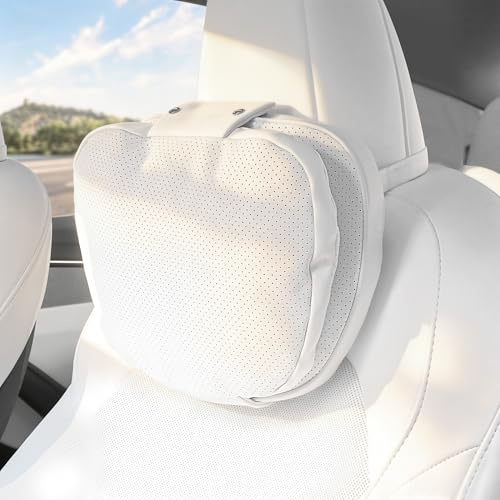 Ywooon Kopfstützenkissen Nackenkissen für Tesla Model Y Model 3 Model X Model S Weichheit Auto Kopfstütze Kissen zum Fahren mit Verstellbarem Riemen (Weiß, 1 Stück)