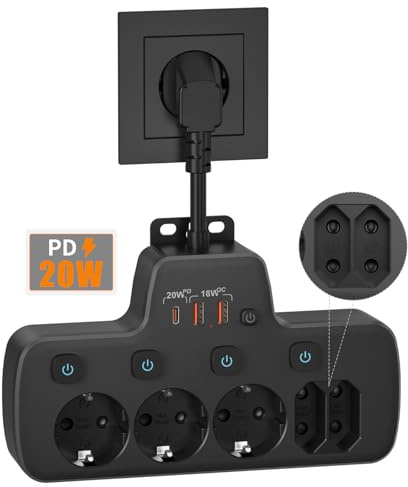 Ciabatta Elettrica con USB C,Multipresa 5 Posti con Interruttore Indipendente,Presa Multipla Salvaspazio PD20W e QC18W Ricarica Rapida,Adattatore Multipresa Schuko Muro Protezione Sovratensione,Nero