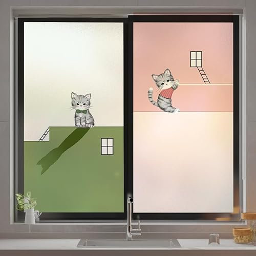 Fensterfolie Rosa Grüne Katze Fensterfolie Blickdicht Anti-UV Sichtschutzfolie Fenster Milchglasfolie Zuhause Büro Folie Fenster Sichtschutz Window Film 2 Stück/60x200cm