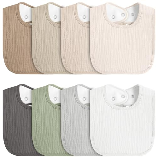 MairMore 8-Pack Baby Muslin Bibs, Soft Cotton Drool Bibs for Boys Girls, Adjustable and Absorbent Newborn Bib Set for Feeding and Drooling