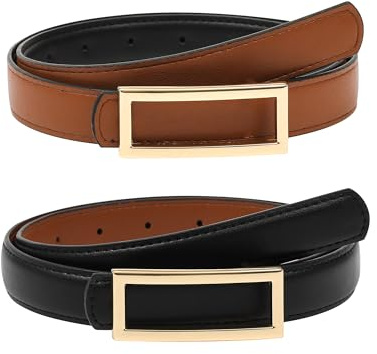 AWAYTR Women Reversible Leather Belt - Two-in-One Women Fashion Skinny Belt for Jeans with Golden Buckle (Black/Brown,130cm)