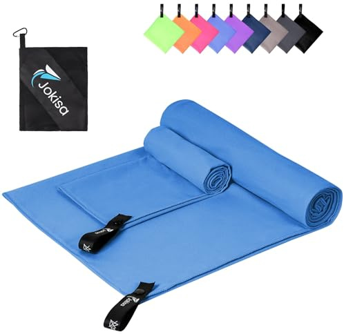 Jokisa Toalla Microfibra Set de 2 - Toalla Playa 180X90CM + Toalla Gimnasio 80X40CM, Toallas Microfibra sin Arena de Secado Rápido para Camping Sauna Playa Senderismo (Azul Claro)