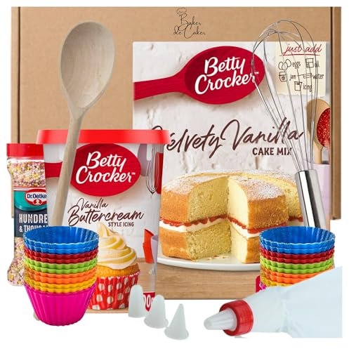 Vanilla Cupcake Baking Bundle:Betty Crocker Cake Mix 425g, Vanilla Icing 400g, Sprinkles, Cake Accessories incl Icing Piping Kit, Silicone Cupcases, Whisk, Spoon. Baking Giftset for Home Bakers.