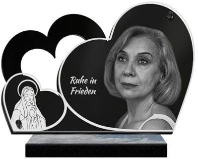 ETERNEL - Personalisierte Grabplatte Doppelherz Jungfrau Maria Foto und Text anpassbar, lasergravierte Grabplatte für Hommage, Grabplatte, Grabstein, Zeremonie, Beerdigung