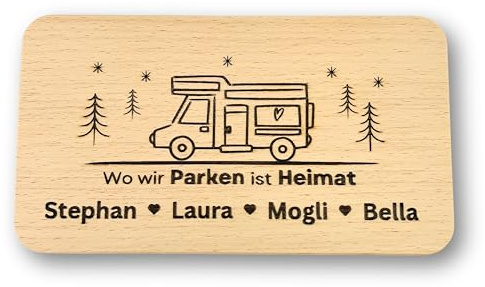 Camping Geschenk personalisiert - Frühstücksbrett Holz mit Gravur und Wunschnamen o. Wunschtext - Camper Frühstücksbrettchen Wohnmobil – Geschenke für Campingfreunde – Brettchen Männer Frauen