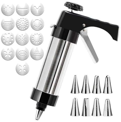 Cookie Press Gun Kit Stainless Steel - 13 Discs & 8 Nozzles, Cake Icing Decorating Set, Biscuit Maker Pump Machine for Birthday Party