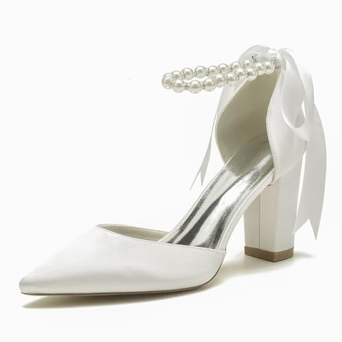 Zapatos tacón Alto para Novia, para Boda, para Mujer,Elegantes, con Punta Puntiaguda, Lazo satén, Perla,para Fiesta graduación,cómodas Sandalias de Baile con tacón Grueso