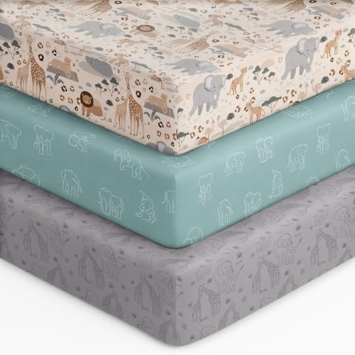 Unnivoll Cot Bed Sheets 140 x 70 cm Fitted Super Soft & Breathable Toddler Bed Sheets Cozy Baby Cot Sheets 3 Pack Apricot Green Gray Elephant